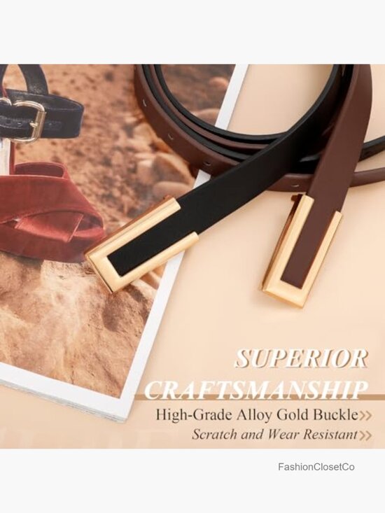 2 Pack Skinny Faux Leather Belts for Women Thin Waist Belt with Gold Buckle for main image 4
